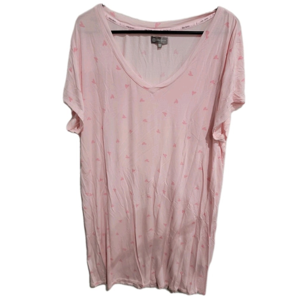Daisy Fuentes Womens 2X Nightgown Pink Heart Print Rayon Span V-Neck Sleep Shirt